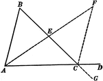 Illustration used to prove that "If one side of a triangle is prolonged, the exterior angle formed is greater than either of the remote interior angles."