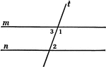 Illustration of two straight lines, m and n, cut by a transversal t.