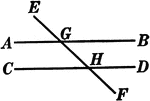 Illustration of two straight lines, AB and CD, cut by a transversal EF.