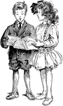 A boy and girl share a song book as they sing together.