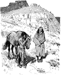 A Native American father and his son find a pony while hiking near the mountains.