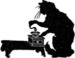 A cat grinding coffee, from the story "How Cats Came to Purr."