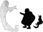 The silhouette illustration of the genie scaring the man and the cat in "How Cats Came to Purr."