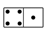 An illustration of a domino with 4 spots & 1 spot. Spots are also known as pips. A set of dominoes, also known as deck or pack, is used to play a game.