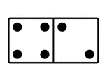 An illustration of a domino with 4 spots & 2 spots. Spots are also known as pips. A set of dominoes, also known as deck or pack, is used to play a game.