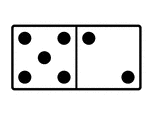 An illustration of a domino with 5 spots & 2 spots. Spots are also known as pips. A set of dominoes, also known as deck or pack, is used to play a game.
