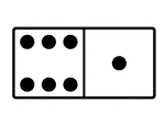 An illustration of a domino with 6 spots & 1 spot. Spots are also known as pips. A set of dominoes, also known as deck or pack, is used to play a game.