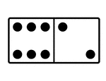 An illustration of a domino with 6 spots & 2 spots. Spots are also known as pips. A set of dominoes, also known as deck or pack, is used to play a game.