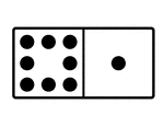 An illustration of a domino with 8 spots & 1 spot. Spots are also known as pips. A set of dominoes, also known as deck or pack, is used to play a game.