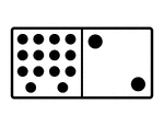 An illustration of a domino with 14 spots & 2 spots. Spots are also known as pips. A set of dominoes, also known as deck or pack, is used to play a game.