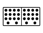 An illustration of a domino with 14 spots & 14 spots. Spots are also known as pips. A set of dominoes, also known as deck or pack, is used to play a game.