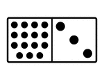 An illustration of a domino with 15 spots & 3 spots. Spots are also known as pips. A set of dominoes, also known as deck or pack, is used to play a game.