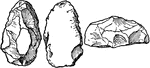 Three views of a rostro-carinate (earliest period) Paleolithic stone implement. All roughly drawn to scale.