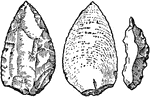 Three pictures of early stone implements during the Mousterian age.