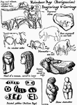 Reindeer Age (Aurignacian) Engravings and Carvings. Shown are engravings of stage and salmon, engraved on reindeer horn, engraved stone, head of a women carved in ivory, horses head carved in ivory, stone statuettes, and painted pebbles (Azilian age).