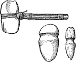 Stone mallets and the North American Indian method of mounting. A Neolithic age implement. Not drawn to scale.