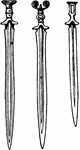 Three swords from the Bronze age, each with different handles. Not drawn to scale.