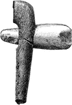 "Stone Celt (Neolithic), mounted in wooden haft, showing how these implements were used. The haft and weapon preserved in peat, Cumberland." -Taylor, 1904
