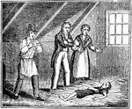 Murder of Alfred Furnald. Caption below illustration: "On the eighth, while they were at breakfast, a faint moan was heard in the garret. Mrs. Furnald, after looking her husband in the face, left the table without speaking, and went upstairs." Alfred had been starved to death.