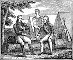 Marion, The Republican General. Caption below illustration: " 'I fear sir,' said the general, 'our diner will not prove so palatable to you as I could wish, but it is the best we have.' The officer, who was a well bred man, took up one of the potatoes and affected to feed, as if he had found a great dainty; but it was very plain that he ate more from good manners, than good appetite."