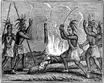 The Indians and the Highlander. Caption below illustration: "The Scotchman requested that the broad sword should be given to the most alert and most vigorous person in the assembly; and laying bare his neck after he had rubbed it over with magic signs , and muttered a few inarticulate words, he called out, with a loud voice and cheerful air."