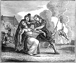 Catholic system of dragooning the French protesants after the revocation of the edict of the Nantes, under Louis XIV. Caption under illustration: " When one party of these tormentors were weary, they were relieved by another, who practiced the same cruelties with fresh vigor."