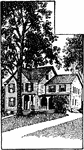 A house with a large tree in the front and illustration of Grover Cleveland's birthplace.