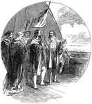 Dressed in scarlet, and carrying the banner of the expedition, Columbus landed. He was followed by a priest with a cross and the men of the ships. All knelt upon the sandy shore and thanked God for his goodness. Then Columbus took possession of the land in the name of the sovereigns of Spain, Ferdinand and Isabella.