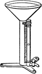 An instrument used to measure the quantity of a rain which falls at a given place. They are which falls at a given place. They are variously constructed. A convenient form (shown in figure) consists of a cylindrical tube of copper, with a funnel at the top where the rain enters. Connected with the cylinder at the lowest part is a glass tube with an attached scale.