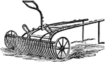 An Implement which in its simplest form consists merely of a wooden or iron bar furnished with wooden or iron teeth, and firmly fixed at right angles to a long handle. The horse rake is a larger rake with are drawn by horses.