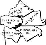 States admitted during James Monroe's presidency, "the era of good feeling": 1817-Mississippi, 1818- Illinois, 1819- Alabama, 1820- Maine, 1821- Missouri.