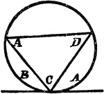 An illustration showing a triangle with angles A, C, and D inscribed in a circle which is tangent to a line.