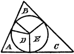 An illustration showing a circle with sectors D and E inscribed in a triangle with angles, A, B, and C.