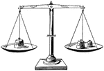 A balance scale holding 5 pounds on the left and 3 and 2 pound weights on the right showing 3+2=5.