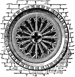 A circular window, divided into compartments by mullions and tracery radiating from a centre, also called Catharine-wheel, and marigold-window.