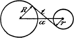 An illustration showing a model of 2 circles with tangent lines, diameters, and radii that illustrates the following geometric relationship: " t = &radic;(a&sup2 - (R + r)&sup2, a = &radic;(t&sup2 - (R + r)&sup2 "