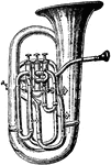 A name of several brass wind instruments, with a wide mouthpiece and three, four, or five pistons, much employed in military bands.