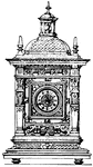 This Modern clock-case was made with metal ornaments. It was Dome-shaped and crowned by a small bell-turret.