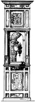This Toilet-stand clock-case was made during the German Renaissance. Made of various colored wood, it was a slender tall cabinet where the upper and lower parts included doors, which holds various necessary objects. The center takes the form of a niche and inside the niche hangs a metal water-reservoir with a lid and a drain. It also includes metal wrought-iron towel-holders.