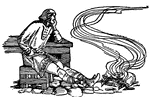 An illustration of the legend of Alfred the Great letting the cakes burn because he was preoccupied with thoughts of his kingdom.