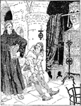 Friar Roger Bacon and the servant Miles with the brazen head from the play, The Honourable History of Friar Bacon and Friar Bungay by Robert Greene.