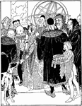An illustration of a scene from the story, Princess Elvira's Three Trials. "The wisest teachers in the kingdom were called to the palace to give of their learning to the princess." -Lewis, 1920