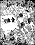 Two boys from prehistoric times watch from a tree as a bull charges a bear.