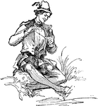 A man sitting down checking the time on his pocket watch.