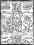 The tenth page of Biblia Pauperum (Paupers' Bible), a picture Bible. At the top and bottom are portraits of prophets and in the middle are three bible stories. Left: Jacob and Esau, middle: the temptation of Christ by the Devil, right: the temptation of Adam and Eve.