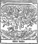 The engraved illustration of the Fall of Lucifer from the block book, Speculum Humanae Salvationis (Mirror of Human Salvation).