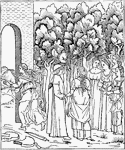 The engraved illustration of Poliphilo in the garden from Hypnerotomachia Poliphili, one of the first printed books by Aldus Manutius.