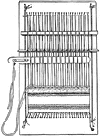 A diagram of a complete pin loom. Notice the pins holding the thread to the loom and the top and bottom.