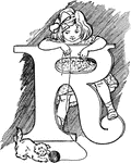The letter R with a young girl holding a ball of yarn which a kitten is chasing.