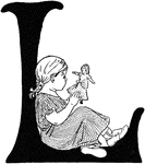 A young girl resting on the letter L while playing with her doll.